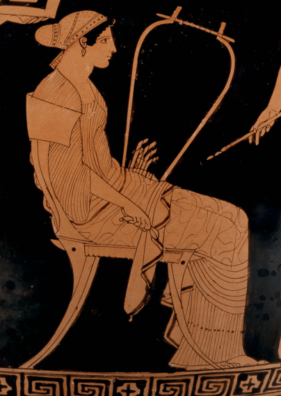 A rich Athenian woman plays the barbiton, a stringed instrument