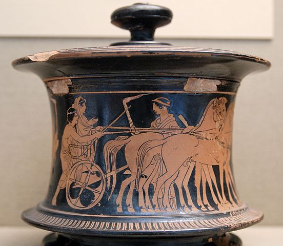 A vase showing a wedding procession: the bride is driven in a chariot to her husband’s home