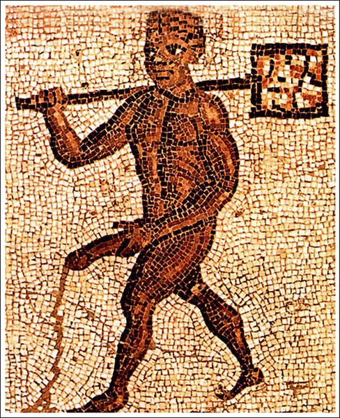 Mosaic of a Roman slave tending to a public bath 