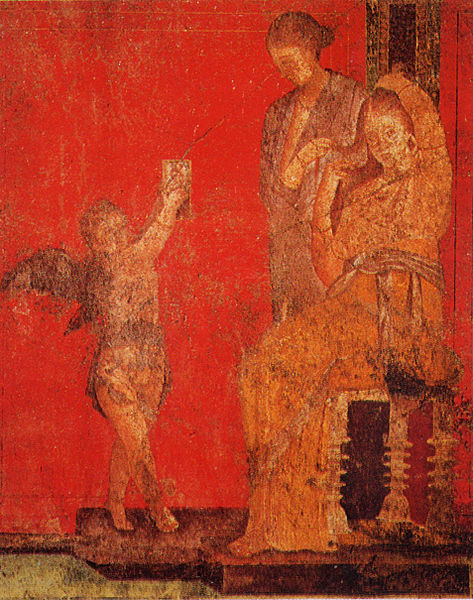 Painting of a Roman woman attended by a female slave and cupid 